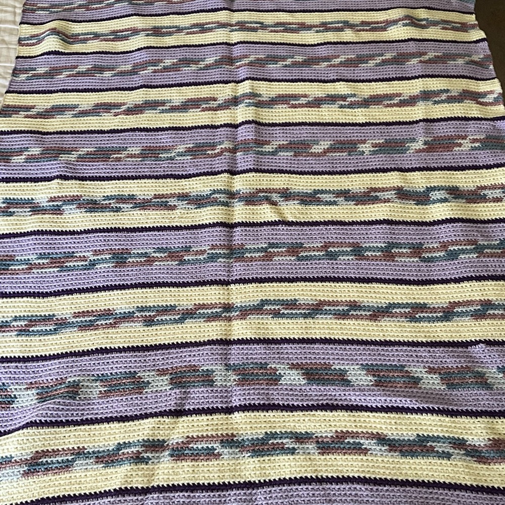 Handmade Crochet Afghan Purples Cream Blues 42in X 67in